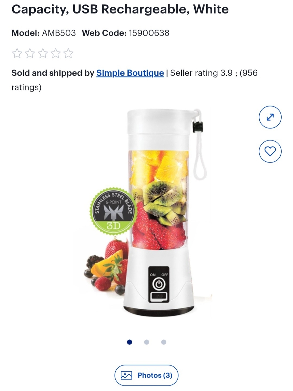 Portable USB Rechargeable Personal Blender - White